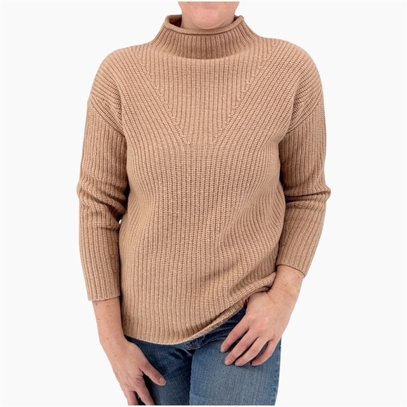 THE CASHMERE PROJECT | 100% Cashmere Mock Neck Ribbed Knit Sweater in Tan | XS/S - Picture 1 of 11